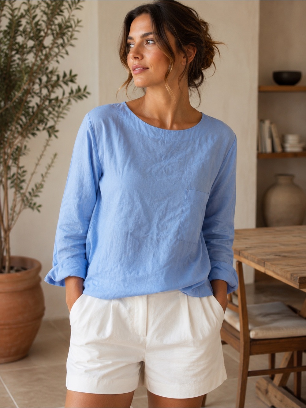 🇮🇹 100% Linen Blend Light Blue Pocket Top Women’s Long Sleeve Blouse Size M